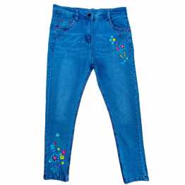 "Stylish Girl's Embroidery  Denim Full Pants Sky Blue"